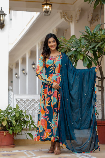 Peacock Blue Frock Kurti Pant Dup Set