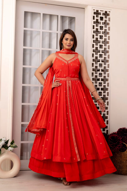 Red Chinon Skirt Kurti 3 Pieces Set