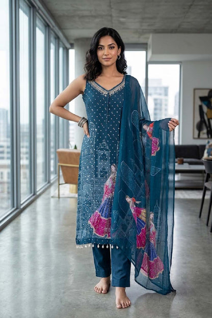 Peacock Blue Chinon Kurti Pant