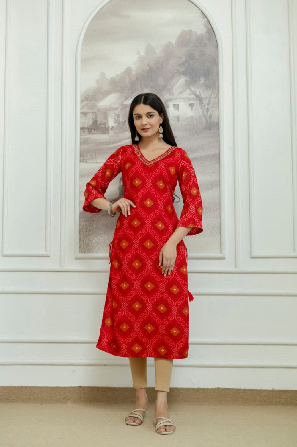 Red Rayon Handwork Straight Cut Kurti