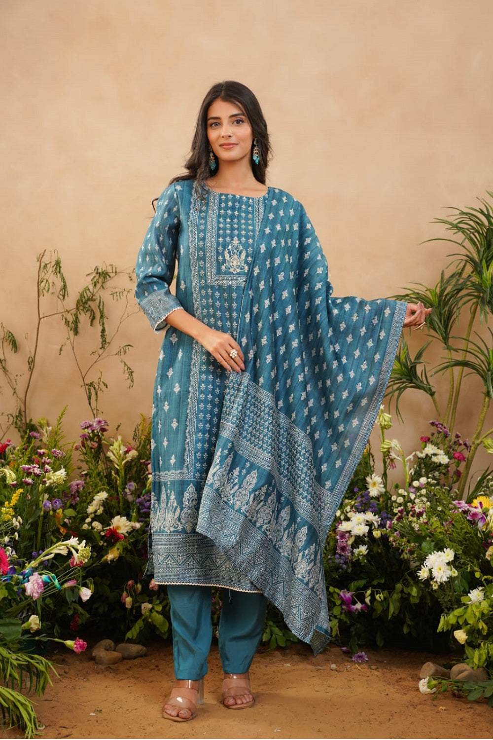 Teal Blue Silk Kurti 3 Pieces Set