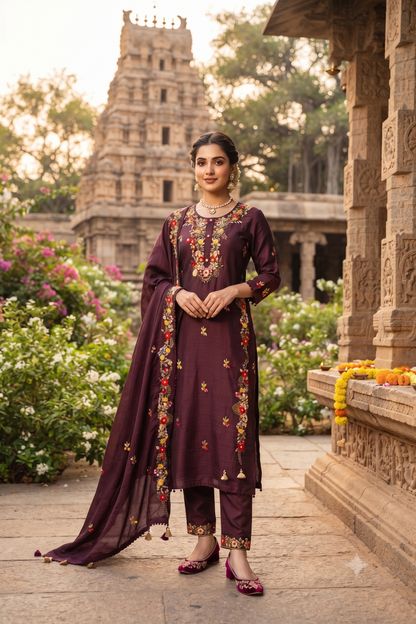 Brown Silk Straight Kurti With Pant and Dupatta 3 Pcs Set