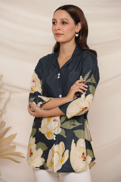 Peacock Blue Crepe Short Kurti One Pcs