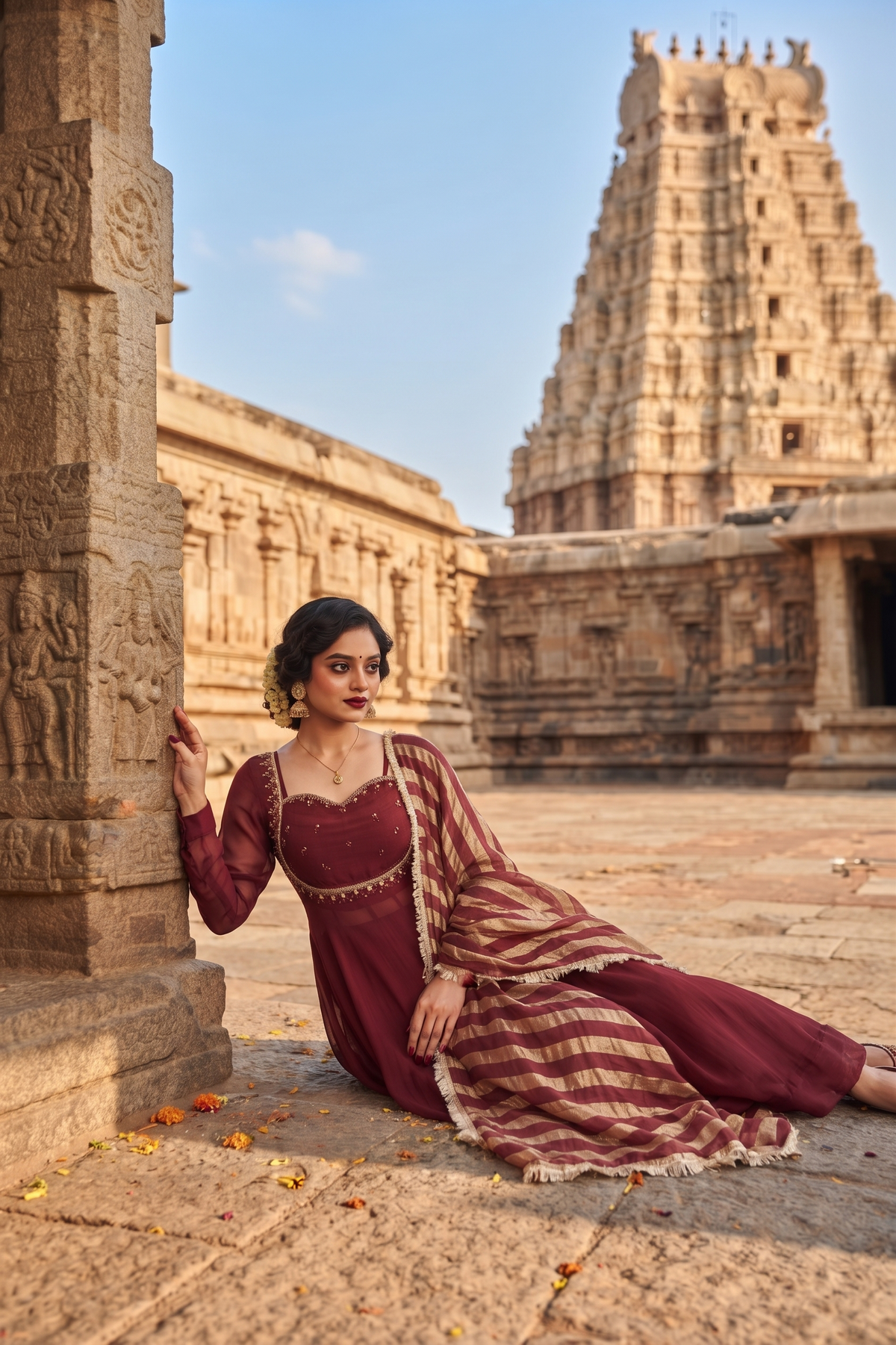 Maroon Chinoon Frock Style Kurti With Pant and Dupatta 3 Pcs Set