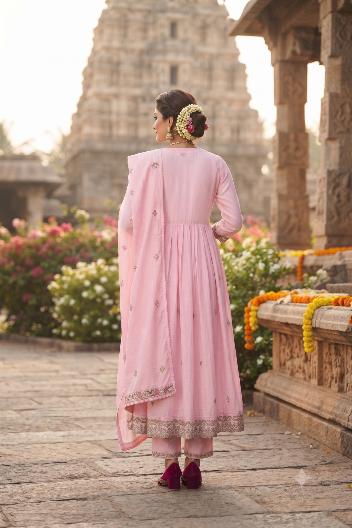 Pink Cotton Frock Style Kurti With Plazo and Dupatta 3 Pcs Set