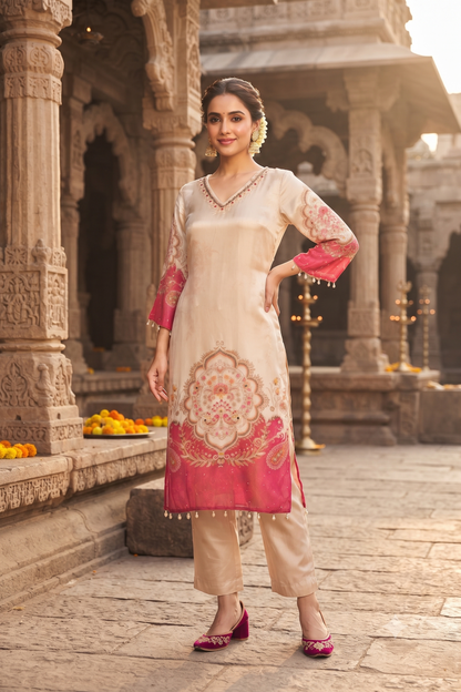 Cream Crepe Straight Kurti With Plazo and Dupatta 3 Pcs Set