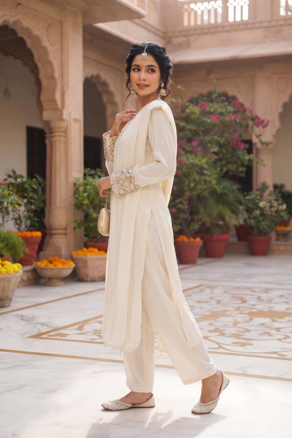 Cream Frock Style Kurti With Plazo 3 Pcs Set