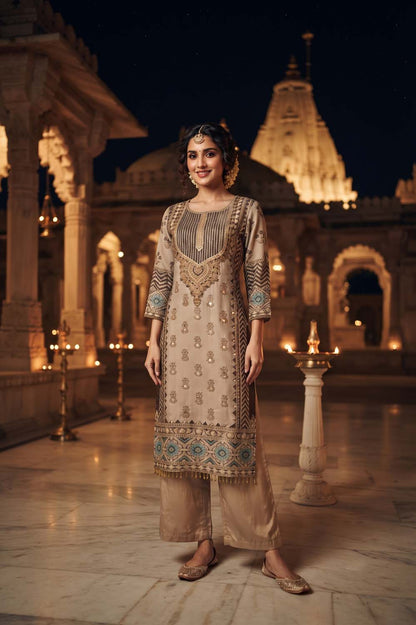 L Buff Pure Fabric 3 Pcs Set Kurti Straight Pant Dupatta