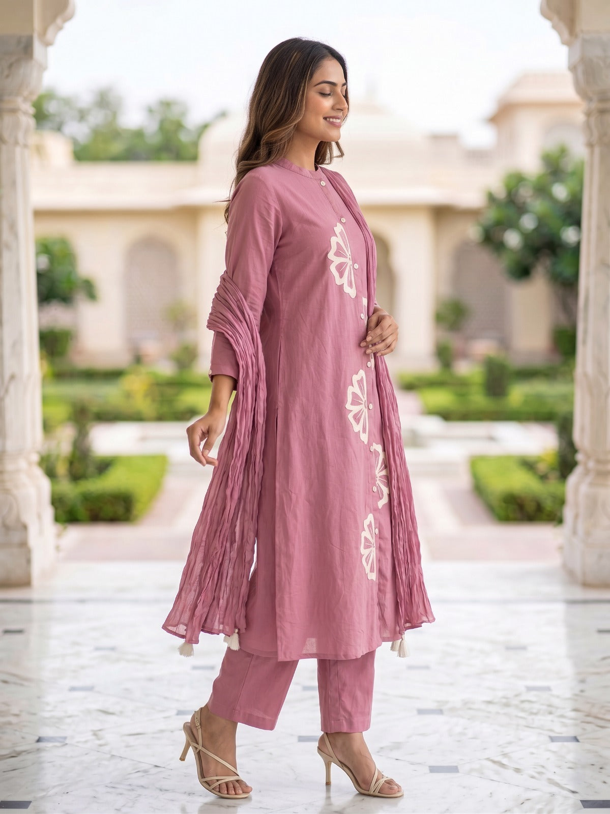 Onion Cotton Straight Kurti With Plazo and Dupatta 3 Pcs Set