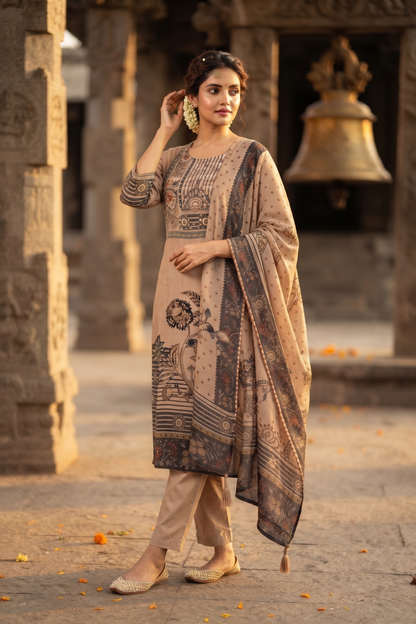 Grey Crepe Straight Kurti With Pant and Dupatta 3 Pcs Set