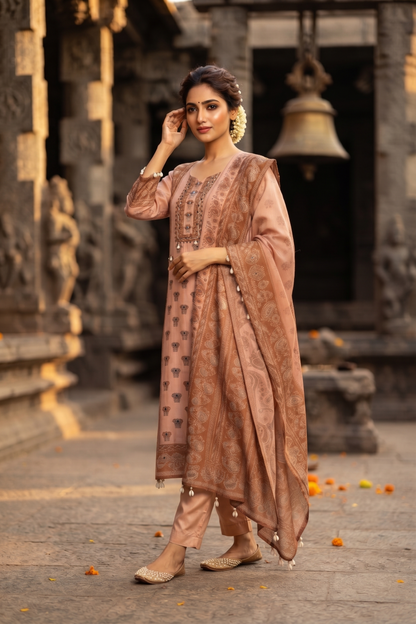 Buff Crepe Straight Kurti With Pant and Dupatta 3 Pcs Set