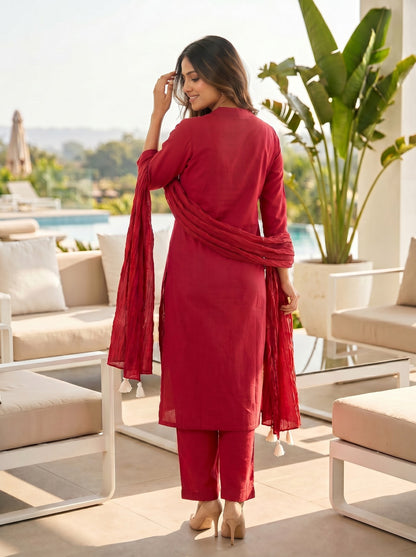 Maroon Cotton Straight Kurti With Plazo and Dupatta 3 Pcs Set