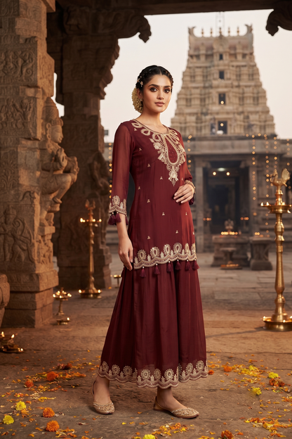 Brown Chinoon Short Kurti With Divider Plazo and Dupatta 3 Pcs Set