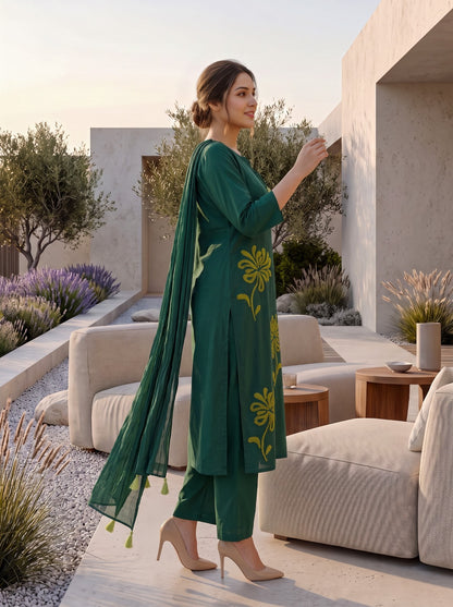 Green Cotton Straight Kurti With Pant and Dupatta 3 Pcs Set