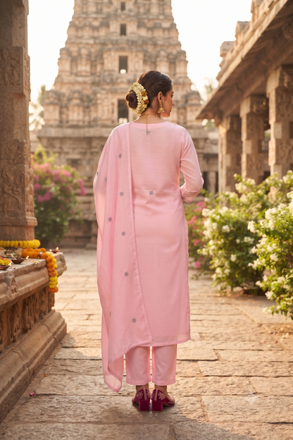 Pink cotton Straight Kurti With Pant and Dupatta 3 Pcs Set