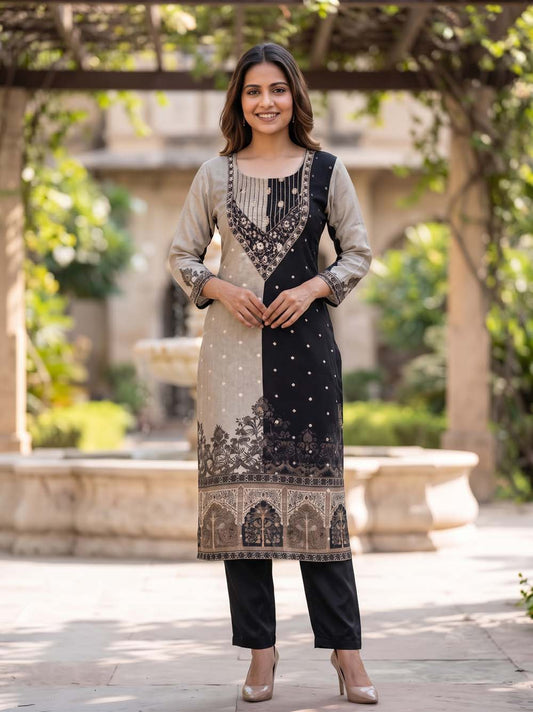 Black Pure Fabric 3 Pcs Set Kurti Straight Pant Dupatta