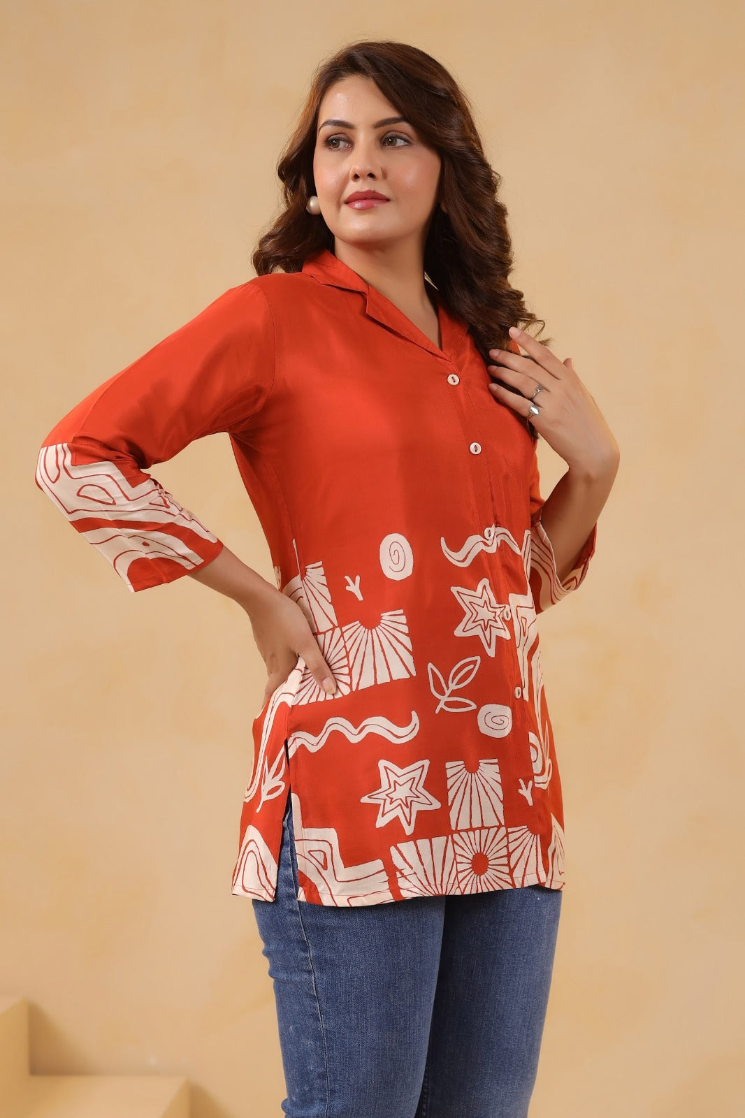 Orange Crepe Short Kurti One Pcs