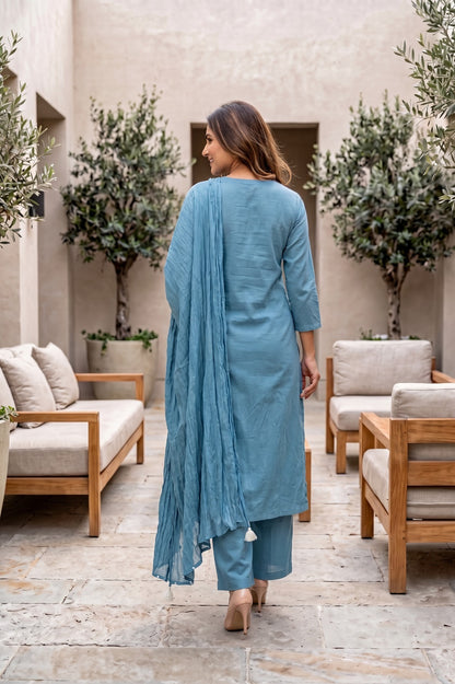 Light Blue Cotton Straight Kurti With Plazo and Dupatta 3 Pcs Set