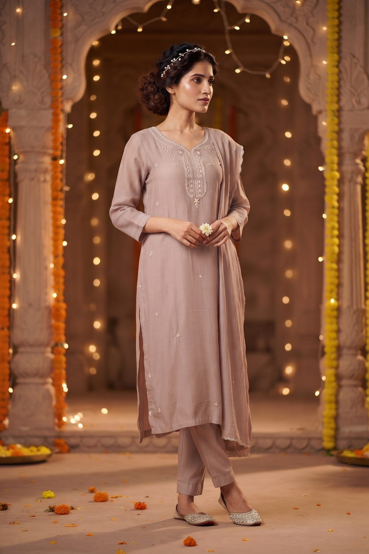 Buff Silk Straight Kurti With Pant and Dupatta 3 Pcs Set