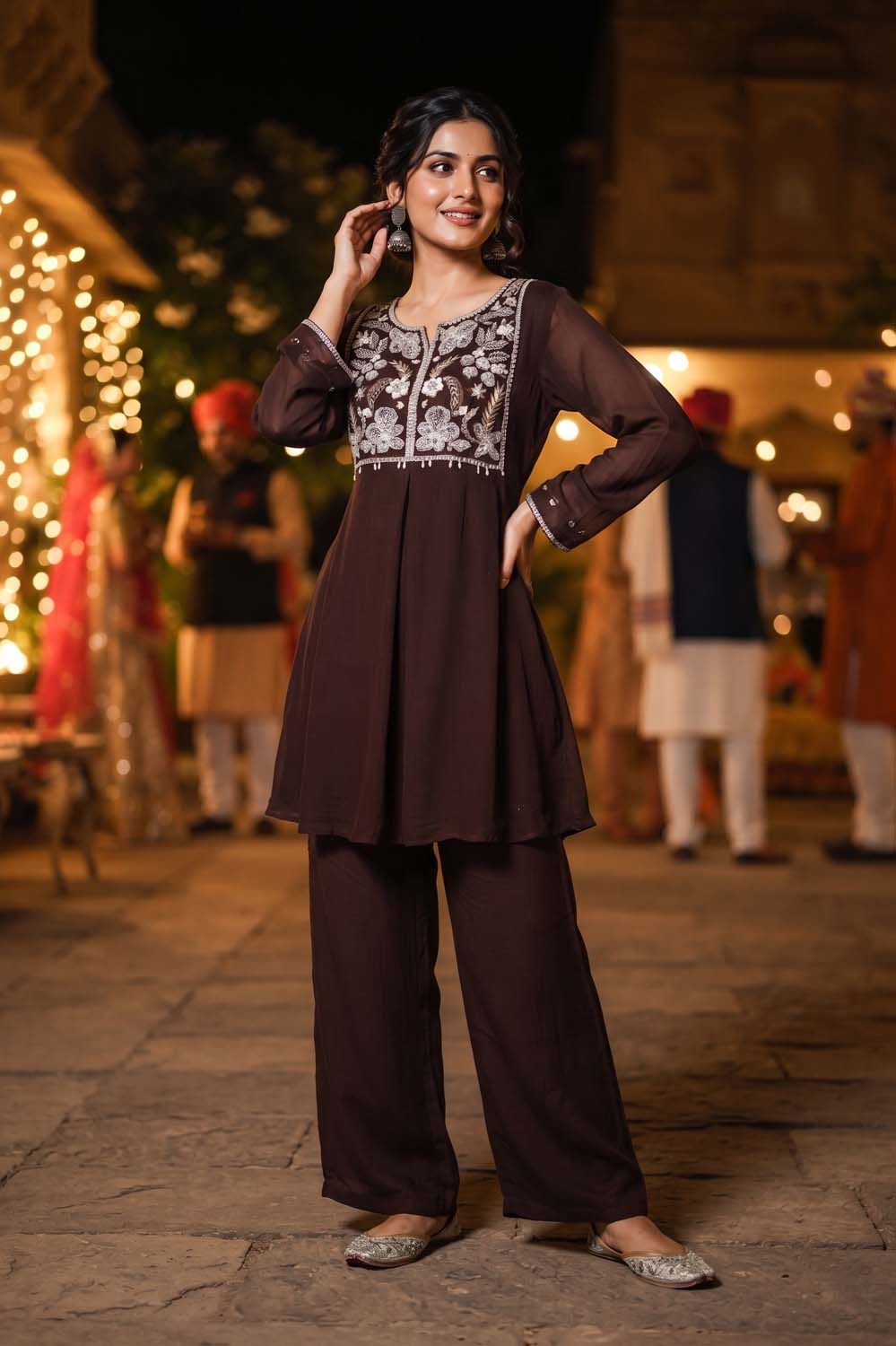 Brown Chinon Short Kurti With Plazo 2 Pcs Set