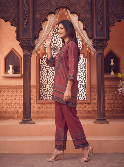 Maroon Crepe Short Kurti With Plazo 2 Pcs Set