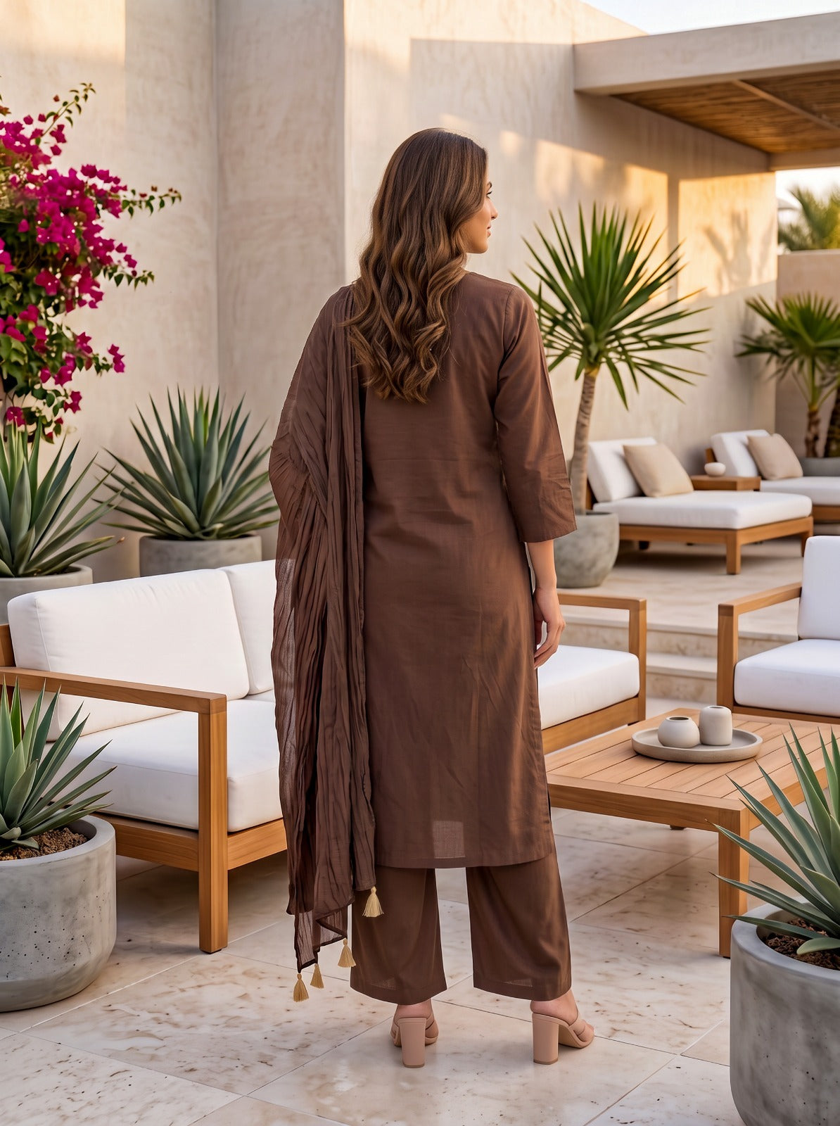 Brown Cotton Straight Kurti With Plazo and Dupatta 3 Pcs Set
