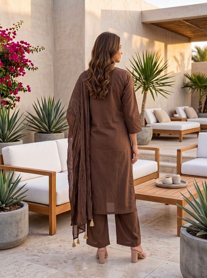 Brown Cotton Straight Kurti With Plazo and Dupatta 3 Pcs Set