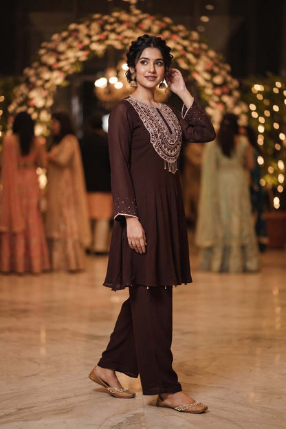 Brown Chinon Short Kurti With Plazo 3 Pcs Set