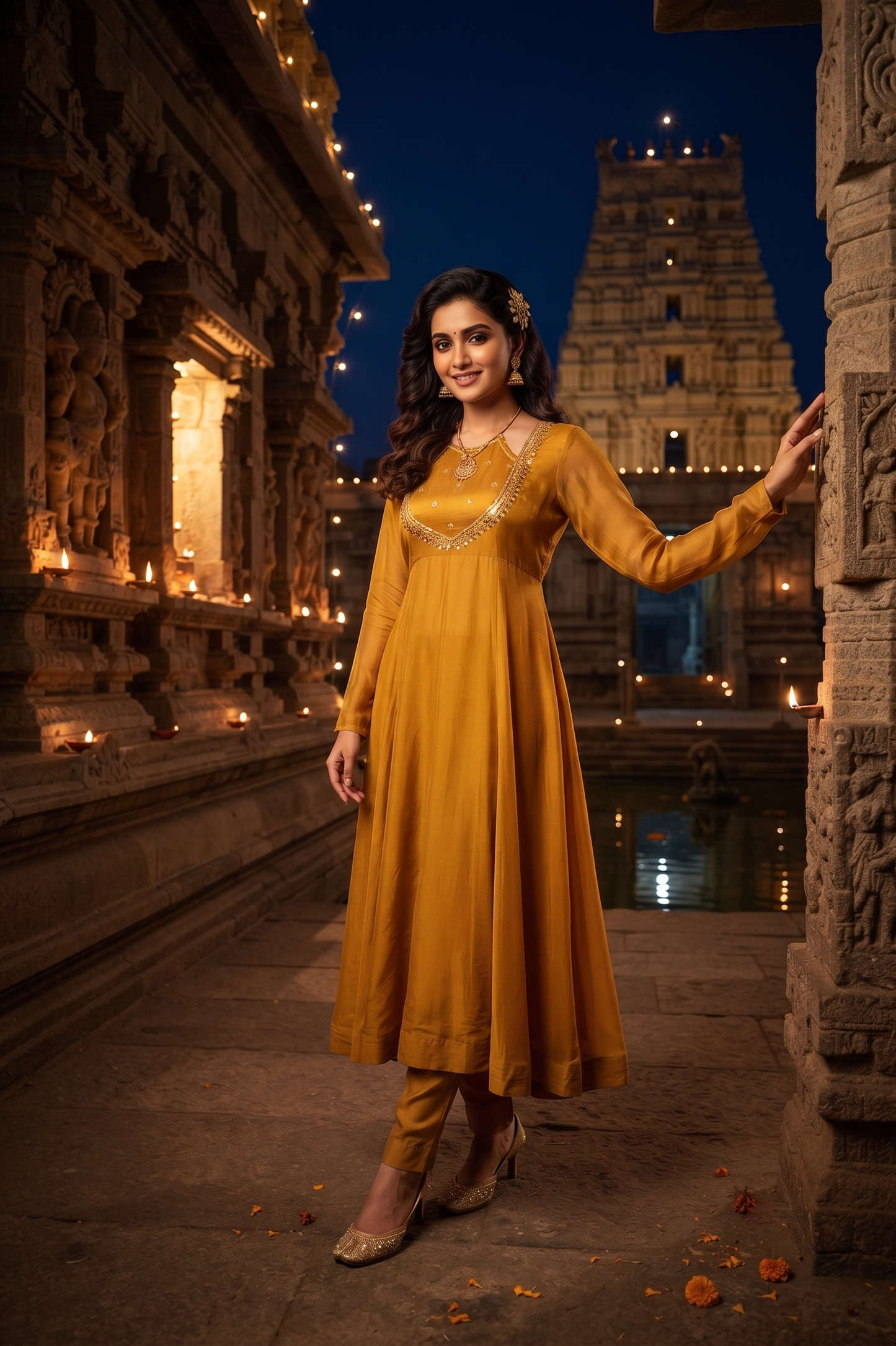 Mustard Chinoon Frock Style Kurti With Pant and Dupatta 3 Pcs Set