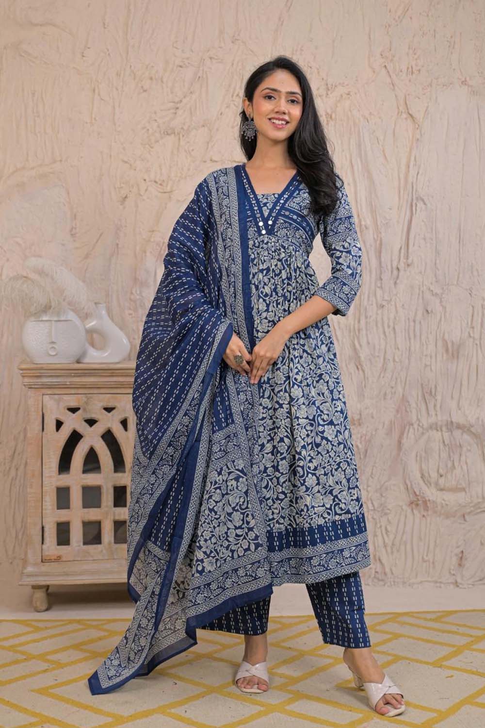 Navy Blue Cotton Kurti Plazo