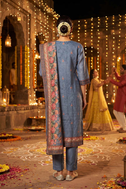 Blue Silk 3 Pcs Set Kurti Pant Dupatta
