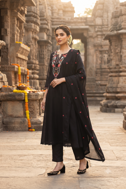 Black Cotton Straight Kurti With Pant and Dupatta 3 Pcs Set
