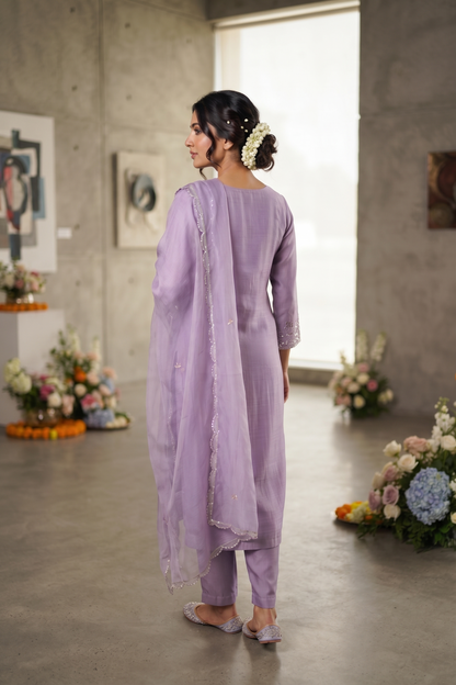 Lavendar Muslin Straight Kurti With Plazo and Dupatta 3 Pcs Set