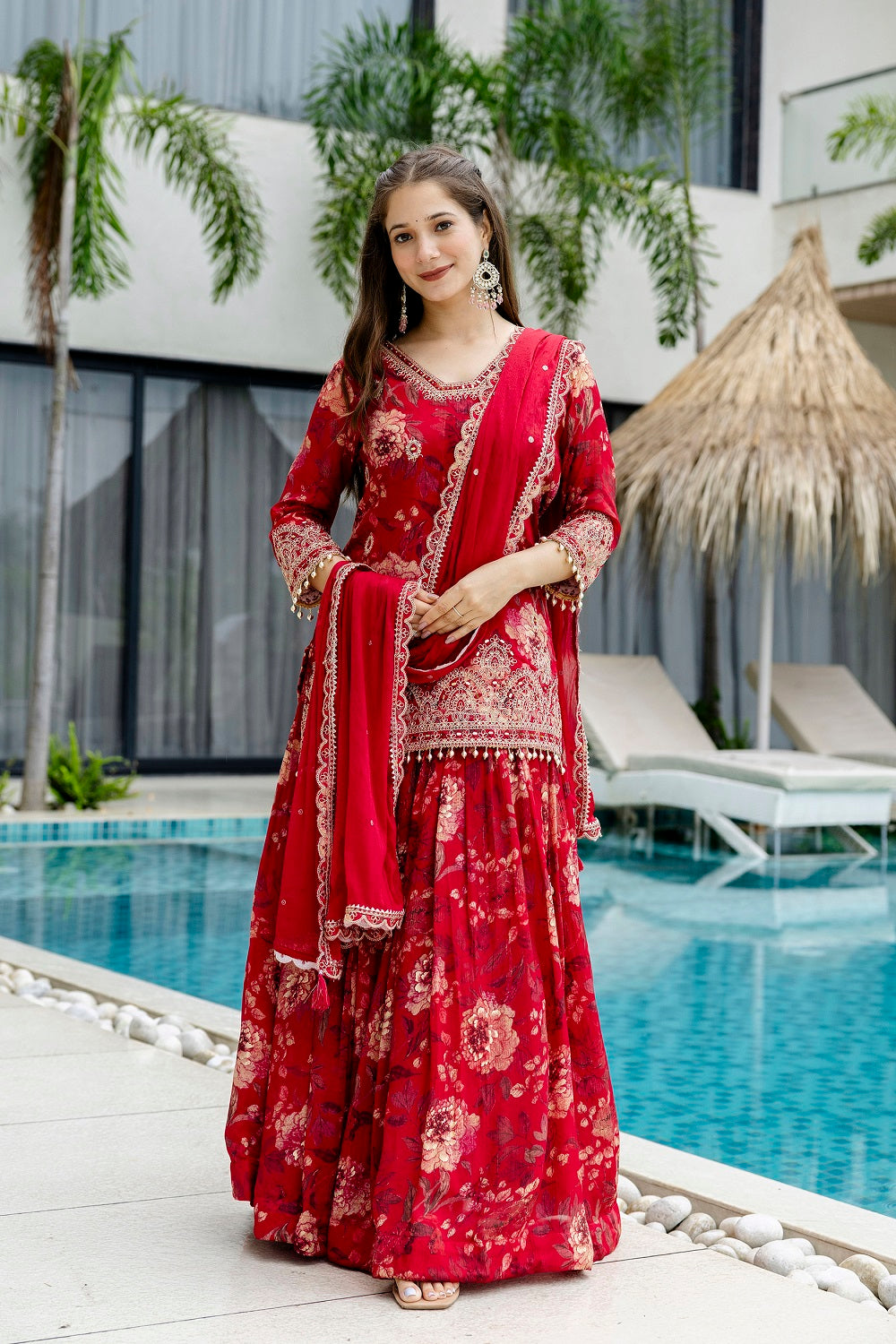 Red Chinon Kurti Skirt 3 Pieces Set