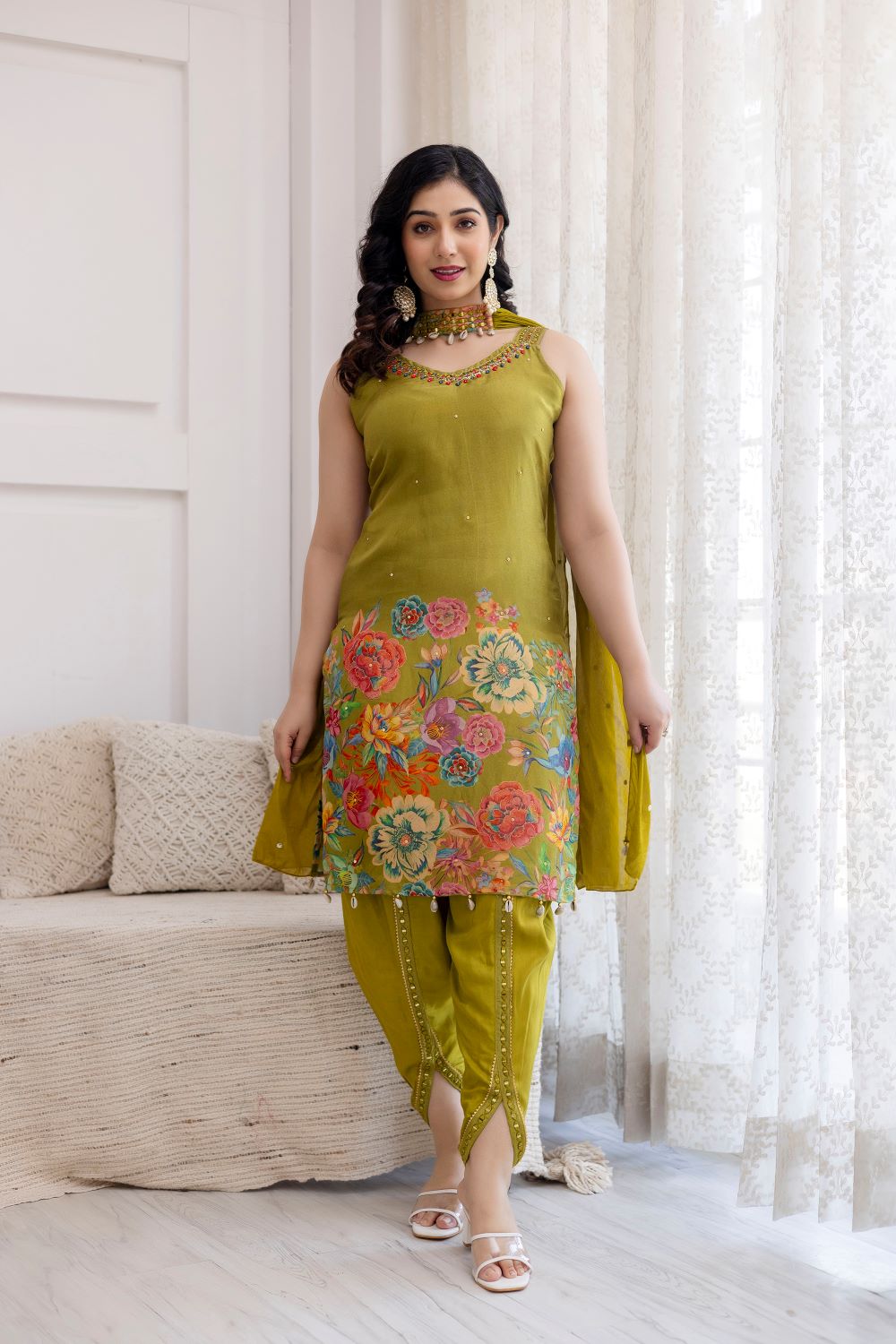 LIGHT GREEN STRAP KURTI WITH DHOTI AND DUPATTA