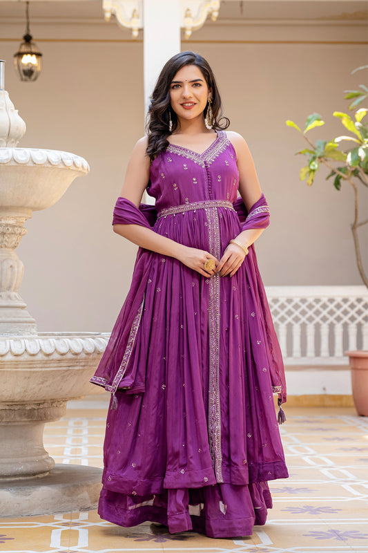 Violet Chinon Front Open Kurti 3 Pieces Set