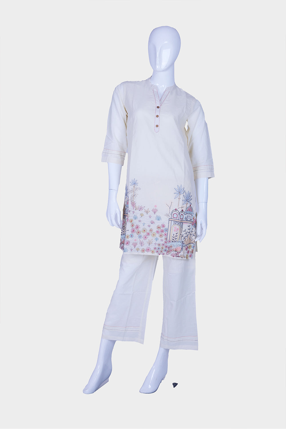 Off White Art Silk Kurti Pant 2 Pieces Set