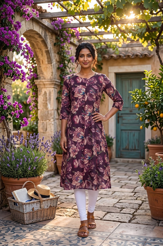 Wine Rayon A-Line Printed Kurti