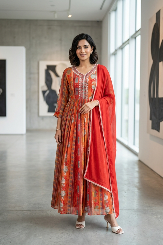 Red Chinon Long Frock Kurti Set