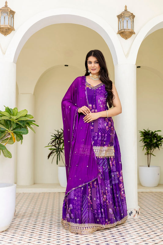 Purple Chinon Skirt Kurti 3 Pieces Set