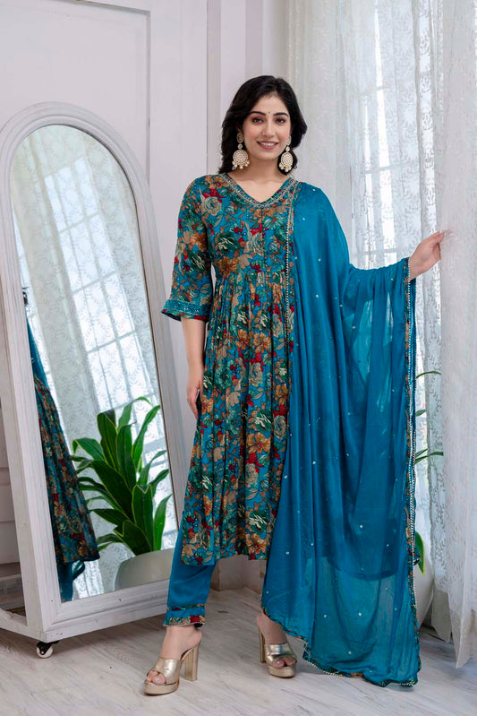 KAIRA RAMA GREEN NAIRA CUT KURTI PANT DUPATTA SET