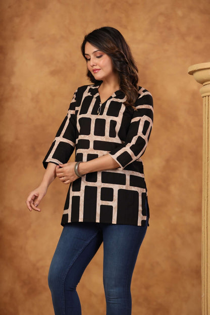 Black Cotton Short Kurti One Pcs