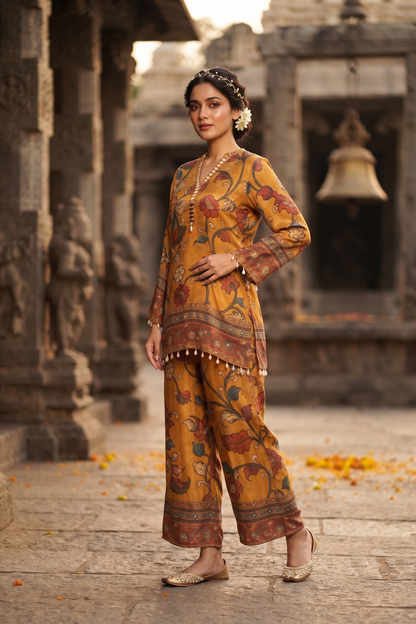 Mustard Rayon Straight Kurti With Plazo 2 Pcs Set