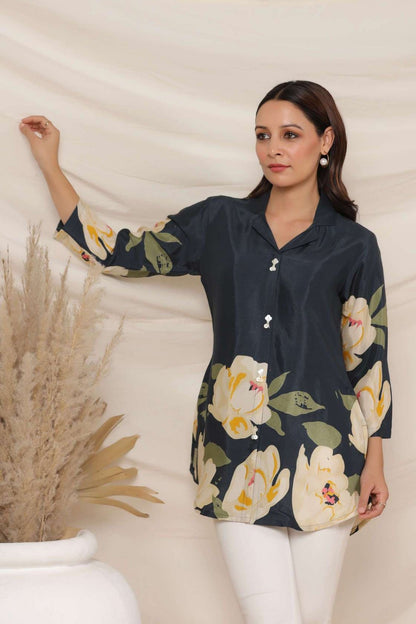 Peacock Blue Crepe Short Kurti One Pcs