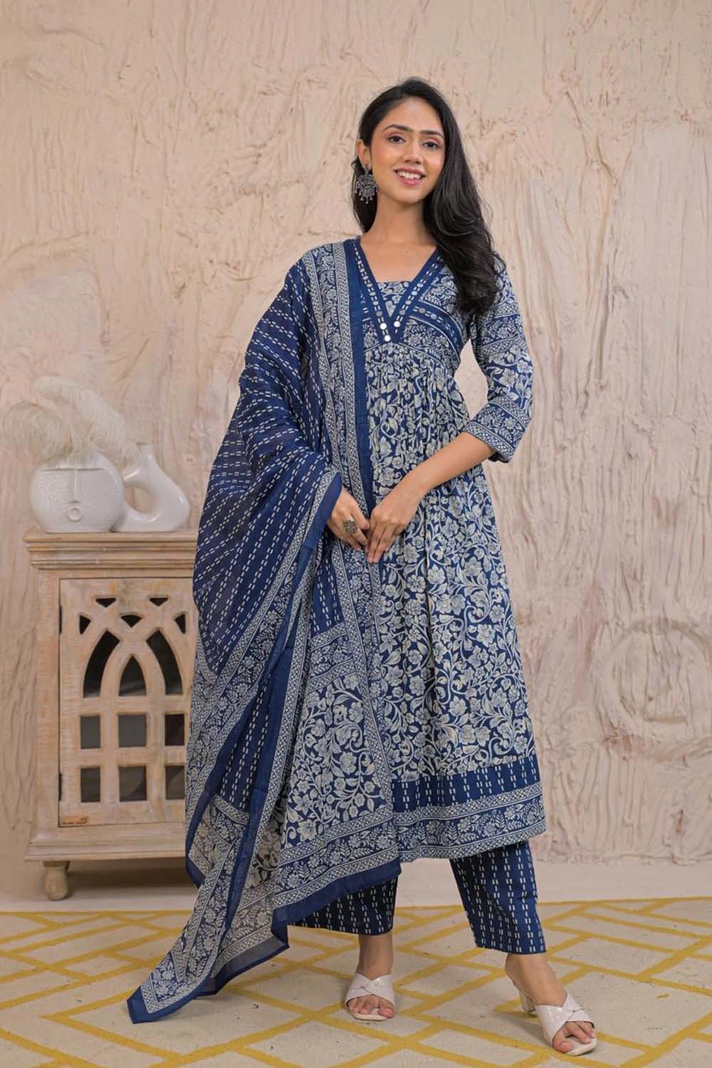 Navy Blue Cotton Kurti Plazo