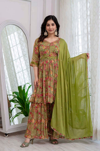 KAIRA MEHANDI GREEN POPLON KURTI PLAZO DUPATTA SET