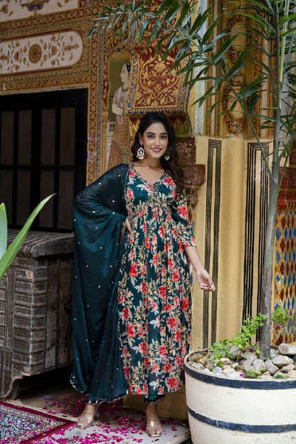 Bottle Green Chinon Aliya Cut Kurti 3 Pieces Set