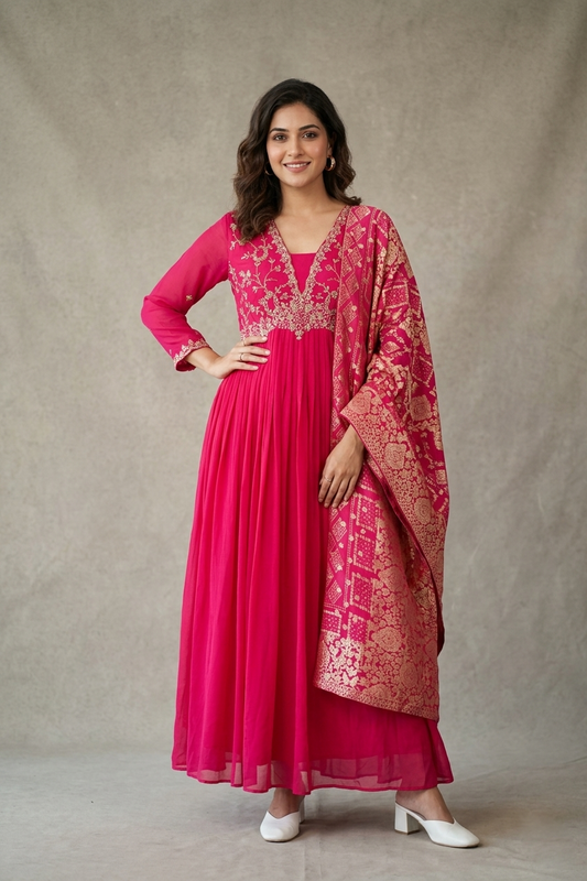 Rani Pink Chinon Long Frock Kurti Set