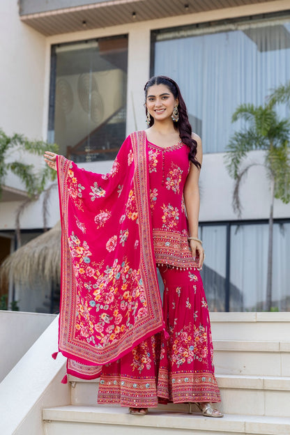 Rani Pink Sharara Kurti 3 Pieces Set