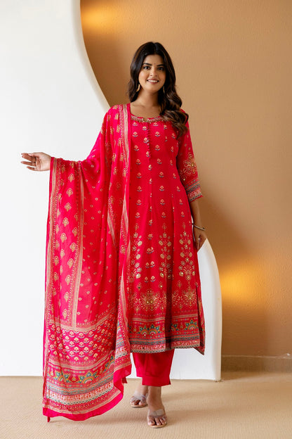 Rani Pink Crepe Frock Kurti 3 Pieces Set